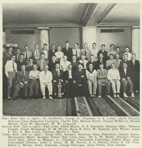Участники открытого чемпионата США 1937 года в Чикаго. 4-й слева в первом ряду – победитель опена мастер Дэвид Полланд. 5-й слева в третьем ряду – председатель турнирного комитета Элберт Вагнер-младший, преемник Стерджиса, избранный президентом USCF в 1943-м. 